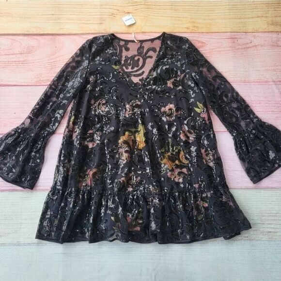 NWT Free People Falling Flowers Frock Bell Sleeve Sequin Oversized Mini Dress XS - Picture 3 of 9